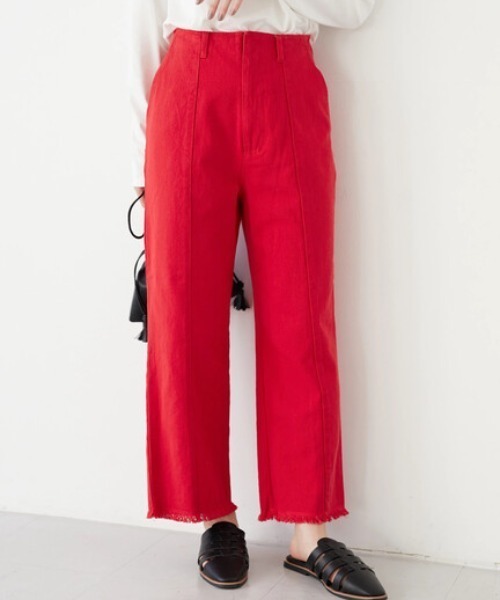 Green　Parks（グリーンパークス）の「裾ほつれカラーツイルパンツ＊（その他パンツ・レディース・レッド/ブルー・S/M/L）」の2枚目の写真