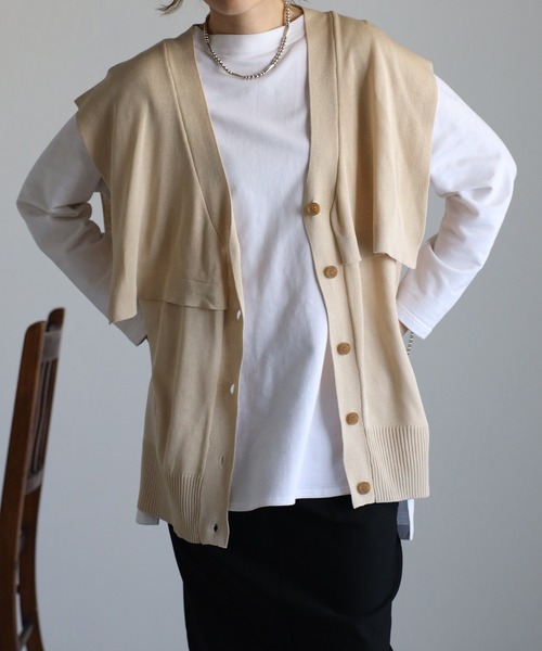 r.（アールドット）の「リネンタッチセーラーカラーノースリーブニットトップス（ベスト・レディース・ライトグレー/ブラック/ネイビー/ライトベージュ・FREE）」の3枚目の写真