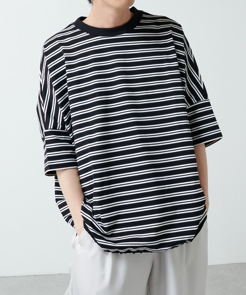 Lui's（ルイス）の「ワイドボリュームボーダーカットソー（Tシャツ/カットソー・メンズ・ブラック/ネイビー/ベージュ・FREE）」の5枚目の写真