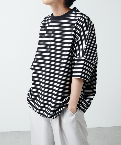 Lui's（ルイス）の「ワイドボリュームボーダーカットソー（Tシャツ/カットソー・メンズ・ブラック/ネイビー/ベージュ・FREE）」の4枚目の写真