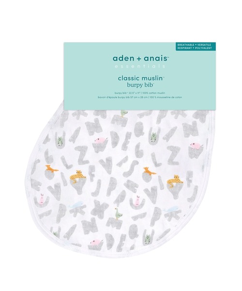 aden + anais essentials(エイデンアンドアネイエッセンシャルズ)の「モスリンバーピービブ1枚入り アルファベットアニマルズ EBBC10023 alphabet animals - animals burpy bib(スタイ/よだれかけ・キッズ・ホワイト×グレー・FREE)」の2枚目の写真