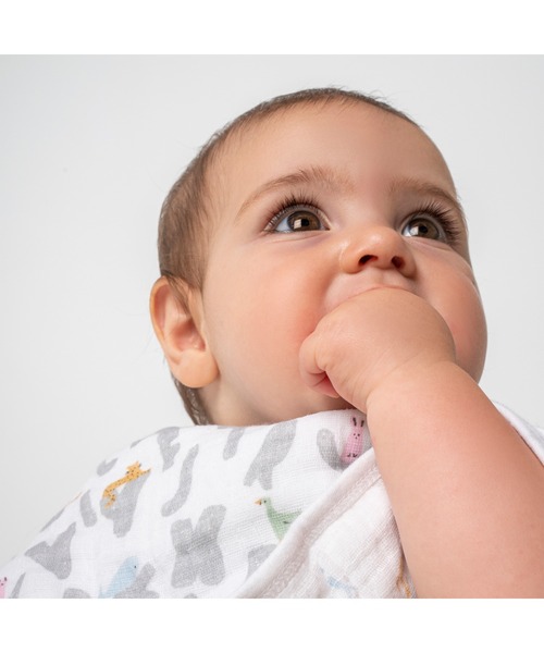 aden + anais essentials(エイデンアンドアネイエッセンシャルズ)の「モスリンバーピービブ1枚入り アルファベットアニマルズ EBBC10023 alphabet animals - animals burpy bib(スタイ/よだれかけ・キッズ・ホワイト×グレー・FREE)」の5枚目の写真