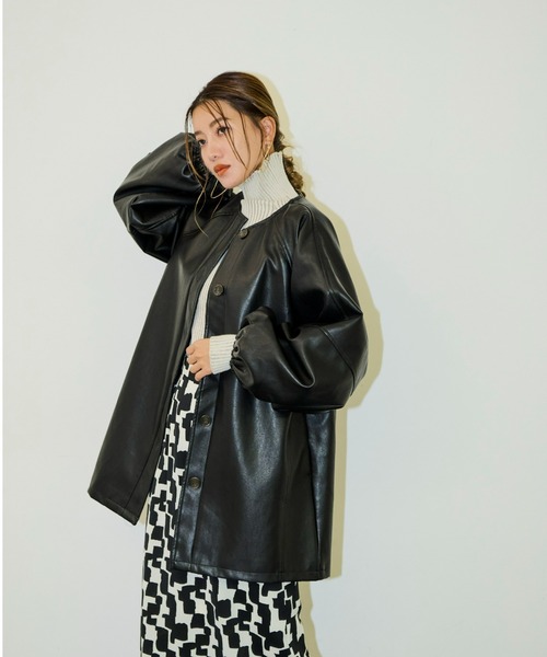 AIC.（エーアイシー）の「フェイクレザーボリュームスリーブノーカラージャケット（ノーカラージャケット・レディース・ブラック・FREE）」の7枚目の写真