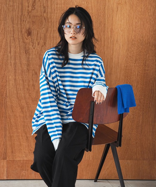 bohmal（ボマール）の「【2023SS】ボーダーロングスリーブビッグロンT（Tシャツ/カットソー・レディース・ピンク/グリーン/ブルー/レッド・FREE）」の5枚目の写真