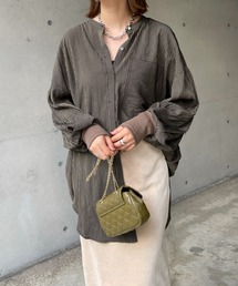 袖リブストライプバックギャザーシャツ