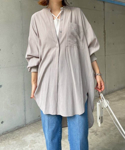 DouDou(ドゥドゥ)の「袖リブストライプバックギャザーシャツ(シャツ/ブラウス・レディース・ブラック/ベージュ・FREE)」の7枚目の写真