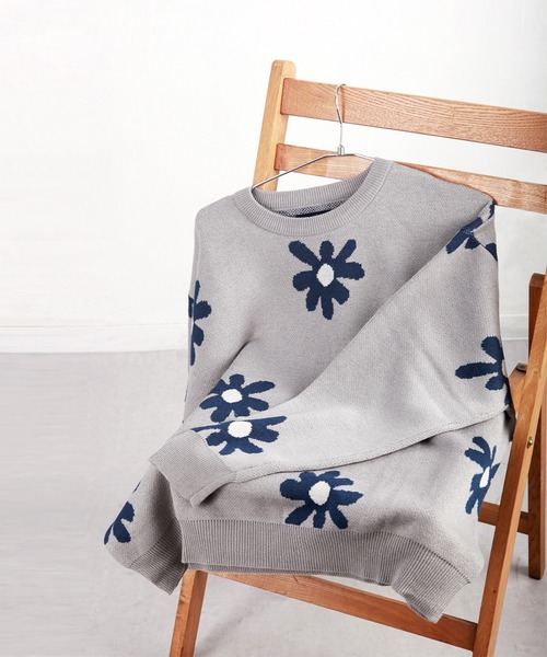 セール】W ジャガードフラワー柄オーバークルーニット（ニット