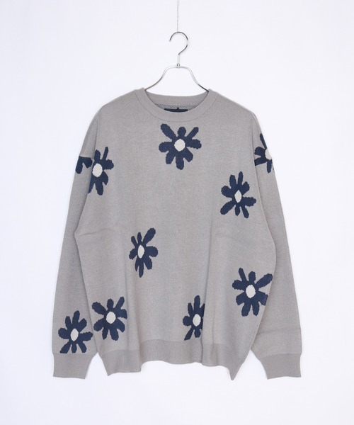 フラワー柄 ニットセーター 長袖【36】 セール】W ジャガードフラワー柄オーバークルーニット（ニット