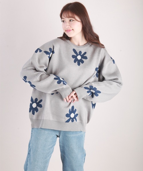 WESTSEA(ウエストシー)の「W ジャガードフラワー柄オーバークルーニット(ニット/セーター・メンズ・ライトグレー/ネイビー/チャコール/キナリ/ブルー・M/L)」の17枚目の写真