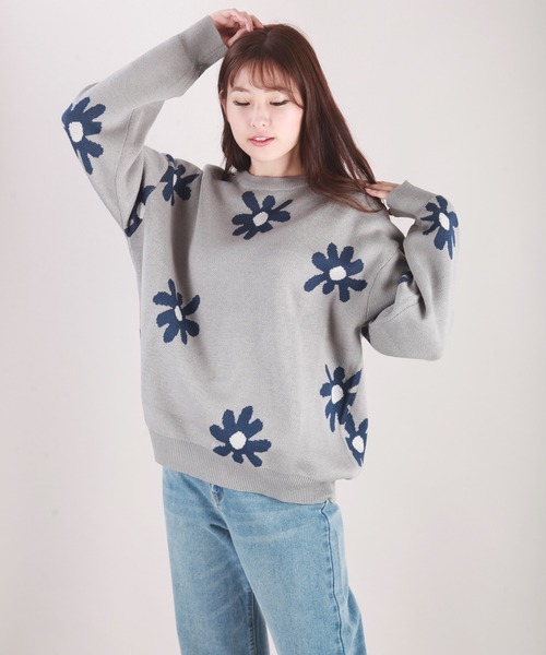 WESTSEA(ウエストシー)の「W ジャガードフラワー柄オーバークルーニット(ニット/セーター・メンズ・ライトグレー/ネイビー/チャコール/キナリ/ブルー・M/L)」の18枚目の写真