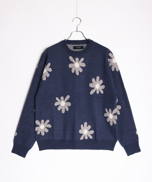 セール】W ジャガードフラワー柄オーバークルーニット（ニット