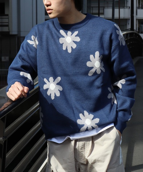 セール】W ジャガードフラワー柄オーバークルーニット（ニット