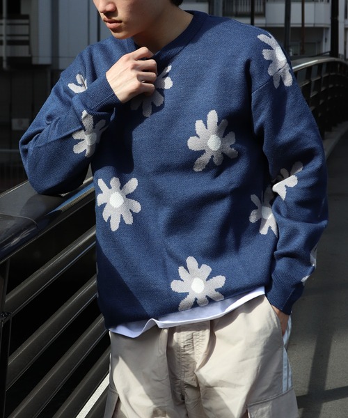 セール】W ジャガードフラワー柄オーバークルーニット（ニット