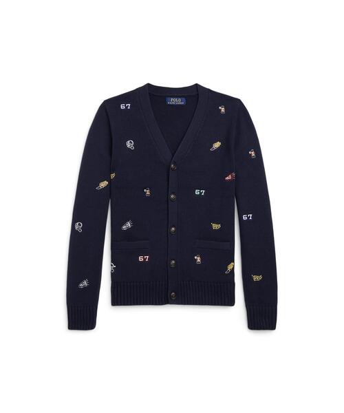 エンブロイダード コットン Vネック カーディガン