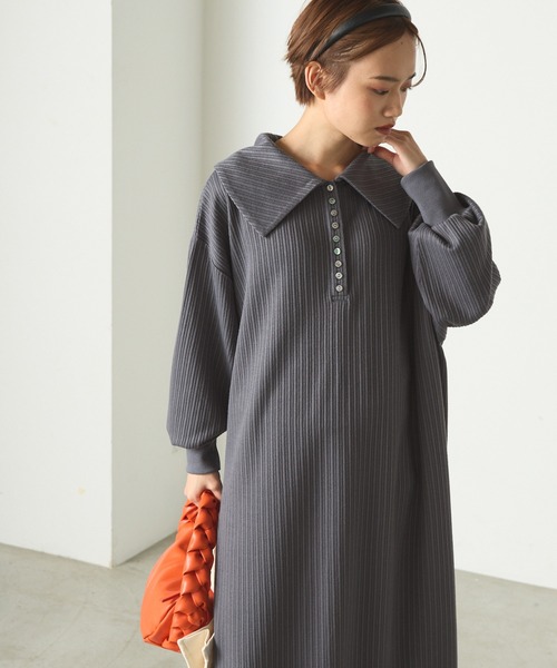 forksy.（フォルクシー）の「【forksy.】ランダムテレコビッグカラー長袖ポロワンピース（ワンピース・レディース・ブラウン/ブラック/グレー/レッド・FREE）」の3枚目の写真