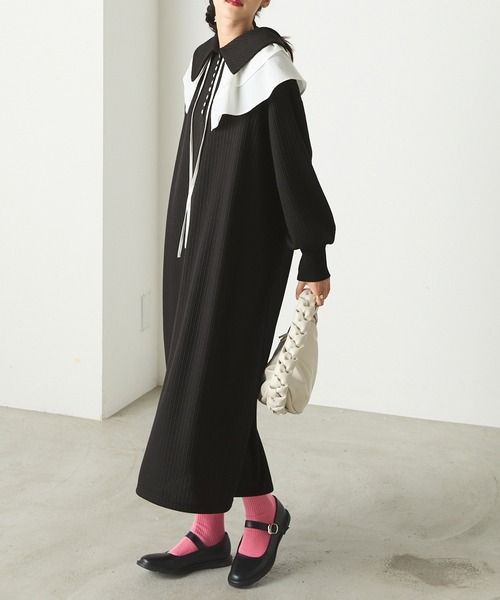 forksy.】ランダムテレコビッグカラー長袖ポロワンピース forksy