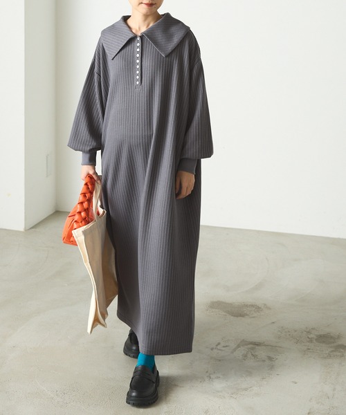 forksy.】ランダムテレコビッグカラー長袖ポロワンピース forksy