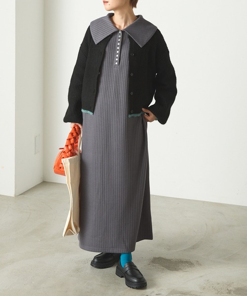 forksy.】ランダムテレコビッグカラー長袖ポロワンピース forksy