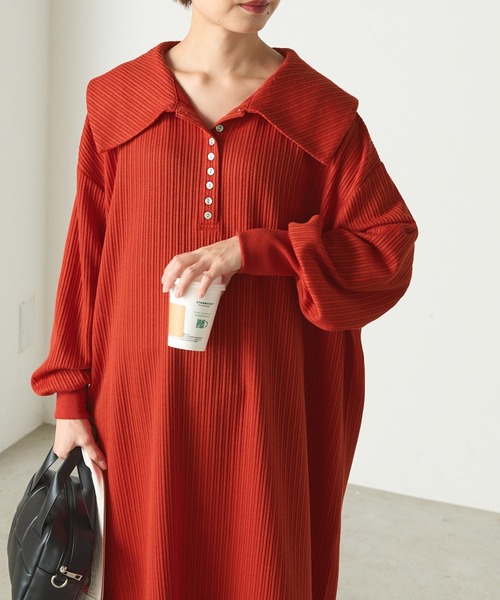 forksy.（フォルクシー）の「【forksy.】ランダムテレコビッグカラー長袖ポロワンピース（ワンピース・レディース・ブラウン/ブラック/グレー/レッド・FREE）」の17枚目の写真