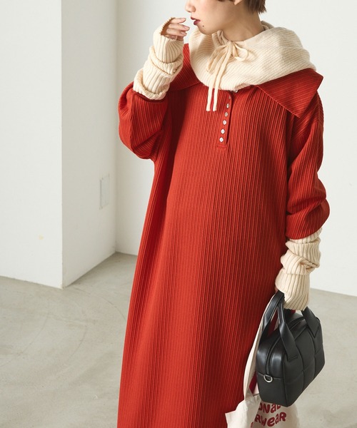 forksy.（フォルクシー）の「【forksy.】ランダムテレコビッグカラー長袖ポロワンピース（ワンピース・レディース・ブラウン/ブラック/グレー/レッド・FREE）」の10枚目の写真