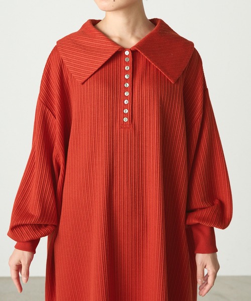 forksy.】ランダムテレコビッグカラー長袖ポロワンピース forksy