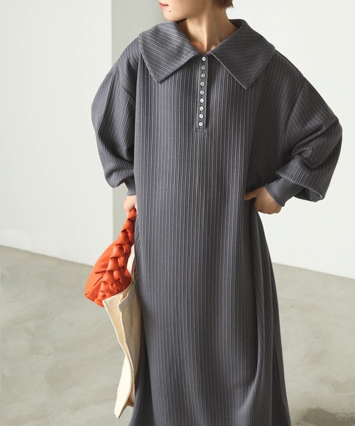 forksy.】ランダムテレコビッグカラー長袖ポロワンピース forksy