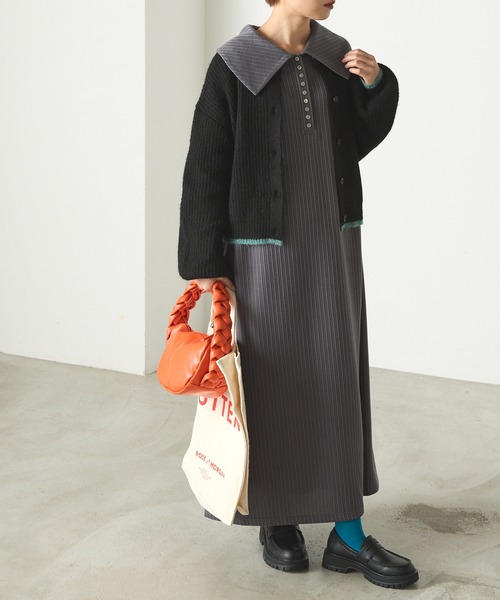 forksy.】ランダムテレコビッグカラー長袖ポロワンピース forksy