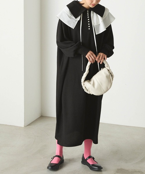 forksy.】ランダムテレコビッグカラー長袖ポロワンピース forksy