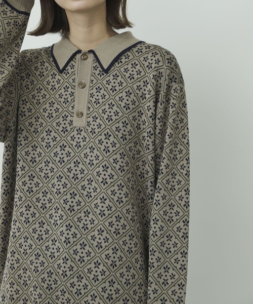 SENSE OF PLACE by URBAN RESEARCH（センスオブプレイスバイアーバンリサーチ）の「『ユニセックス』モノグラムジャガードニットポロシャツ（ポロシャツ・メンズ・ブラック/カーキ/ベージュ・MEDIUM/LARGE）」の4枚目の写真