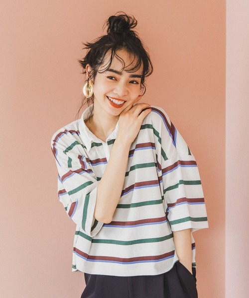 BAYFLOW（ベイフロー）の「マルチボーダーポロTシャツ（ポロシャツ・レディース・ネイビー/オフホワイト/ライトグレー・FREE）」の2枚目の写真