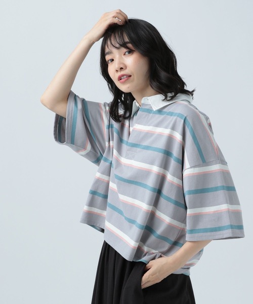 BAYFLOW（ベイフロー）の「マルチボーダーポロTシャツ（ポロシャツ・レディース・ネイビー/オフホワイト/ライトグレー・FREE）」の3枚目の写真