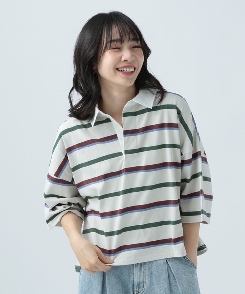 BAYFLOW（ベイフロー）の「マルチボーダーポロTシャツ（ポロシャツ・レディース・ネイビー/オフホワイト/ライトグレー・FREE）」の9枚目の写真