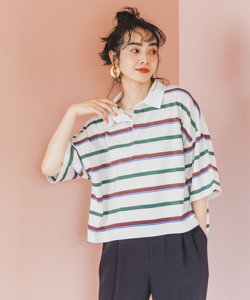 BAYFLOW（ベイフロー）の「マルチボーダーポロTシャツ（ポロシャツ・レディース・ネイビー/オフホワイト/ライトグレー・FREE）」の7枚目の写真