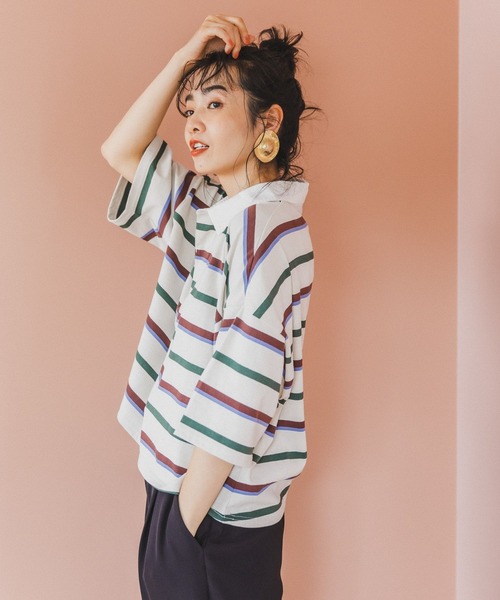 BAYFLOW（ベイフロー）の「マルチボーダーポロTシャツ（ポロシャツ・レディース・ネイビー/オフホワイト/ライトグレー・FREE）」の8枚目の写真