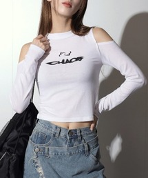 レタリング肩開きクロップドTシャツ