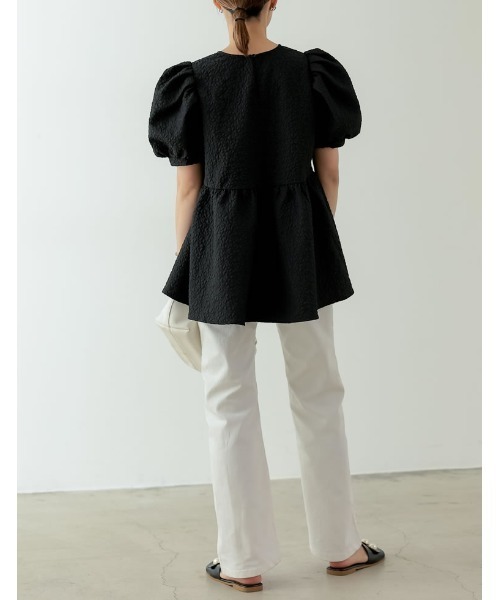 [2023SUMMERCOLLECTION]ふくれジャガード5分袖ペプラムブラウス
