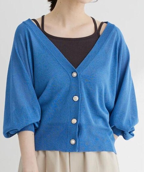 Green　Parks（グリーンパークス）の「・ELENCARE　DUE　イロイロボタンシアーカーデ（カーディガン/ボレロ・レディース・アイボリー/グレイッシュベージュ/ブルー/ブラック・FREE）」の4枚目の写真