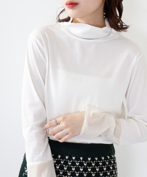 hunch(ハンチ)の「hunch リブ×シースルー ハイネックPO(Tシャツ/カットソー・レディース・モーブ系/ブルー/オフホワイト・FREE)」の1枚目の写真