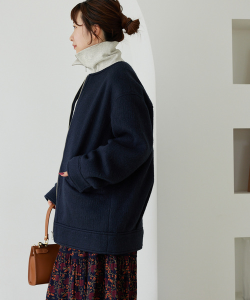 ジャーナルスタンダード⁑モヘヤ混シャギースライバージップコクーンコート　ネイビー シャギースライバージップコクーンコート