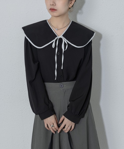 MAISON DE THERESE(メゾン ド テレーズ)の「バイカラーベビーネックのパフスリーブブラウス(シャツ/ブラウス・レディース・ライトベージュ/ブラック/ホワイト・M/S)」の8枚目の写真