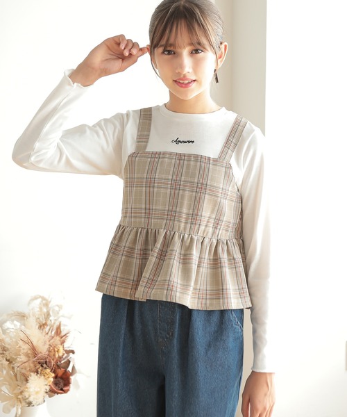 Amourire girl（アムリールガール）の「チェックビスチェ風ドッキングカットソー(130cm～160cm)（Tシャツ/カットソー・キッズ・ブラック/ベージュ・160cm/150cm/140cm/130cm）」の3枚目の写真