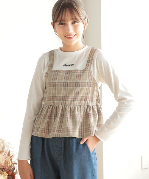 Amourire girl（アムリールガール）の「チェックビスチェ風ドッキングカットソー(130cm～160cm)（Tシャツ/カットソー・キッズ・ブラック/ベージュ・160cm/150cm/140cm/130cm）」の4枚目の写真