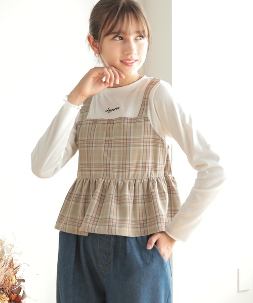 Amourire girl（アムリールガール）の「チェックビスチェ風ドッキングカットソー(130cm～160cm)（Tシャツ/カットソー・キッズ・ブラック/ベージュ・160cm/150cm/140cm/130cm）」の5枚目の写真