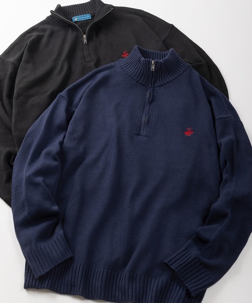 BEVERLY HILLS POLO CLUB(ビバリーヒルズポロクラブ)の「【71】【BEVERLY HILLS POLO CLUB/ビバリーヒルズポロクラブ】ワンポイントロゴ刺繍 無地/ボーダー ハーフジップ ニット(ニット/セーター・メンズ・ブラック/ネイビー/ネイビー×ホワイト/グリーン/アイボリー/ブルー系/ブラック系/ブラック系1/アイボリー系/ネイビー系/ブラウン系・M/L/XL)」の8枚目の写真