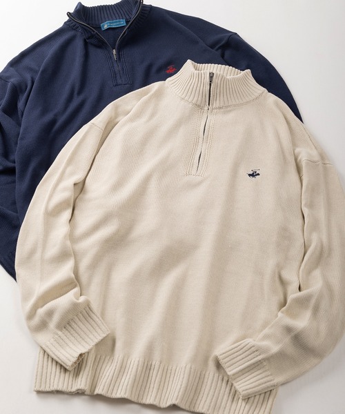 BEVERLY HILLS POLO CLUB(ビバリーヒルズポロクラブ)の「【71】【BEVERLY HILLS POLO CLUB/ビバリーヒルズポロクラブ】ワンポイントロゴ刺繍 無地/ボーダー ハーフジップ ニット(ニット/セーター・メンズ・ブラック/ネイビー/ネイビー×ホワイト/グリーン/アイボリー/ブルー系/ブラック系/ブラック系1/アイボリー系/ネイビー系/ブラウン系・M/L/XL)」の2枚目の写真