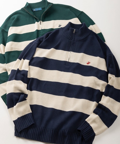 BEVERLY HILLS POLO CLUB(ビバリーヒルズポロクラブ)の「【71】【BEVERLY HILLS POLO CLUB/ビバリーヒルズポロクラブ】ワンポイントロゴ刺繍 無地/ボーダー ハーフジップ ニット(ニット/セーター・メンズ・ブラック/ネイビー/ネイビー×ホワイト/グリーン/アイボリー/ブルー系/ブラック系/ブラック系1/アイボリー系/ネイビー系/ブラウン系・M/L/XL)」の9枚目の写真