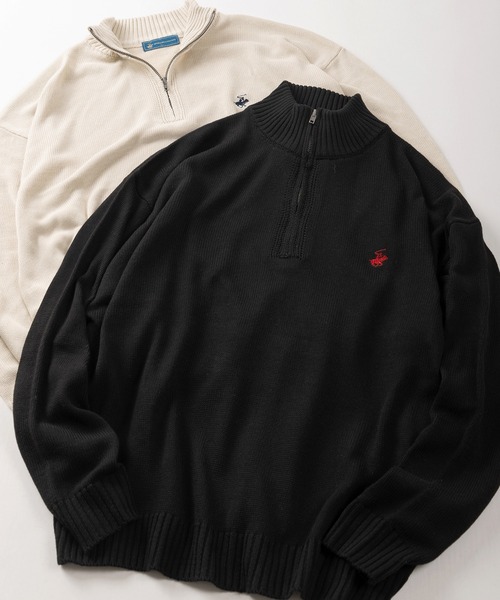 BEVERLY HILLS POLO CLUB(ビバリーヒルズポロクラブ)の「【71】【BEVERLY HILLS POLO CLUB/ビバリーヒルズポロクラブ】ワンポイントロゴ刺繍 無地/ボーダー ハーフジップ ニット(ニット/セーター・メンズ・ブラック/ネイビー/ネイビー×ホワイト/グリーン/アイボリー/ブルー系/ブラック系/ブラック系1/アイボリー系/ネイビー系/ブラウン系・M/L/XL)」の3枚目の写真