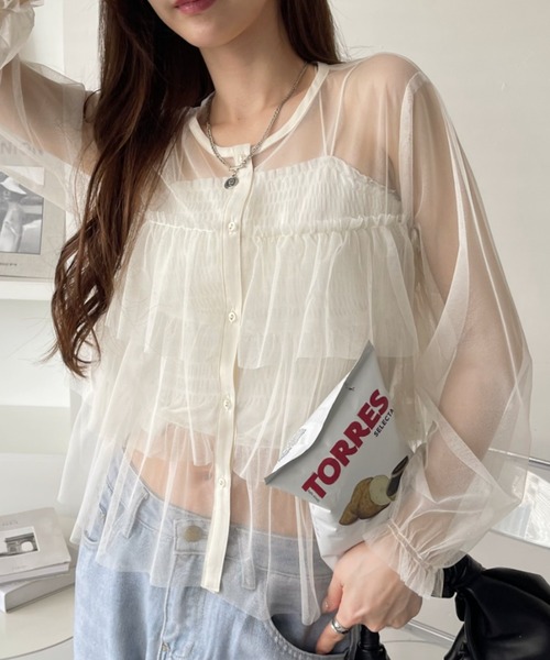 Eclat one(エクラワン)の「チュール ティアード ブラウス(シャツ/ブラウス・レディース・ブラウン/ブラック/アイボリー・FREE)」の2枚目の写真
