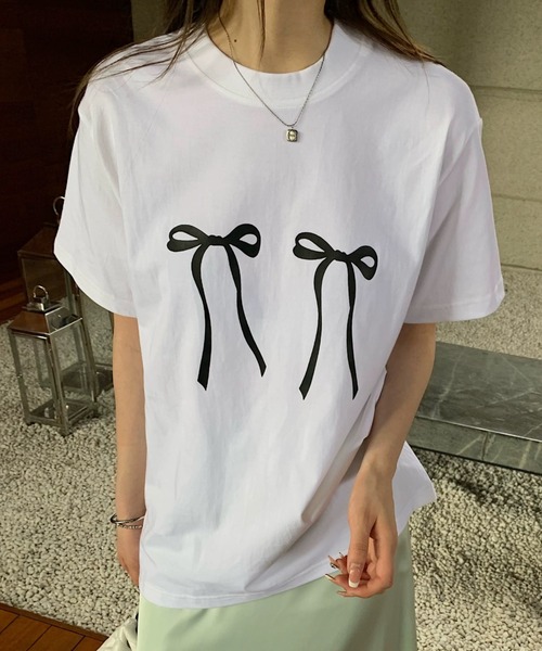 Vipoa（ヴィポア）の「リボンデザインオーバーTee（Tシャツ/カットソー・レディース・ブラック/ホワイト・FREE）」の10枚目の写真