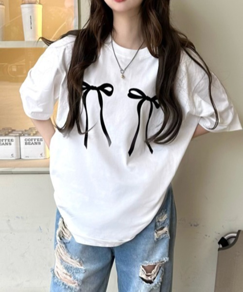 Vipoa（ヴィポア）の「リボンデザインオーバーTee（Tシャツ/カットソー・レディース・ブラック/ホワイト・FREE）」の20枚目の写真